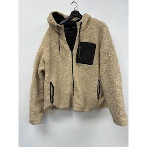 Eddie Bauer Jacket Womens 2XL Tan Sherpa Fleece Hooded Full Zip Chest Pocket